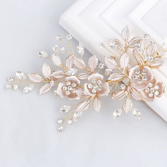Wedding Hair Clip Rose Gold Rhinestone Bridal Comb Handmade Flower Accessory main image 4